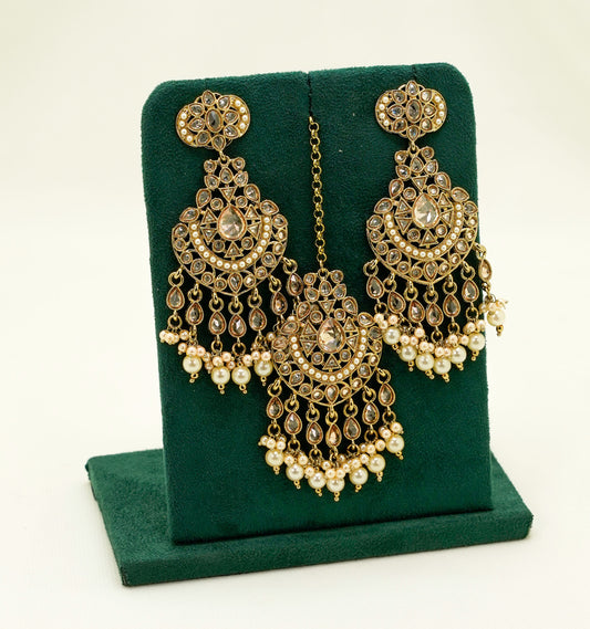 Cream Gold Jhumka Earrings & Tikka – Party Earring Set For Any Event
