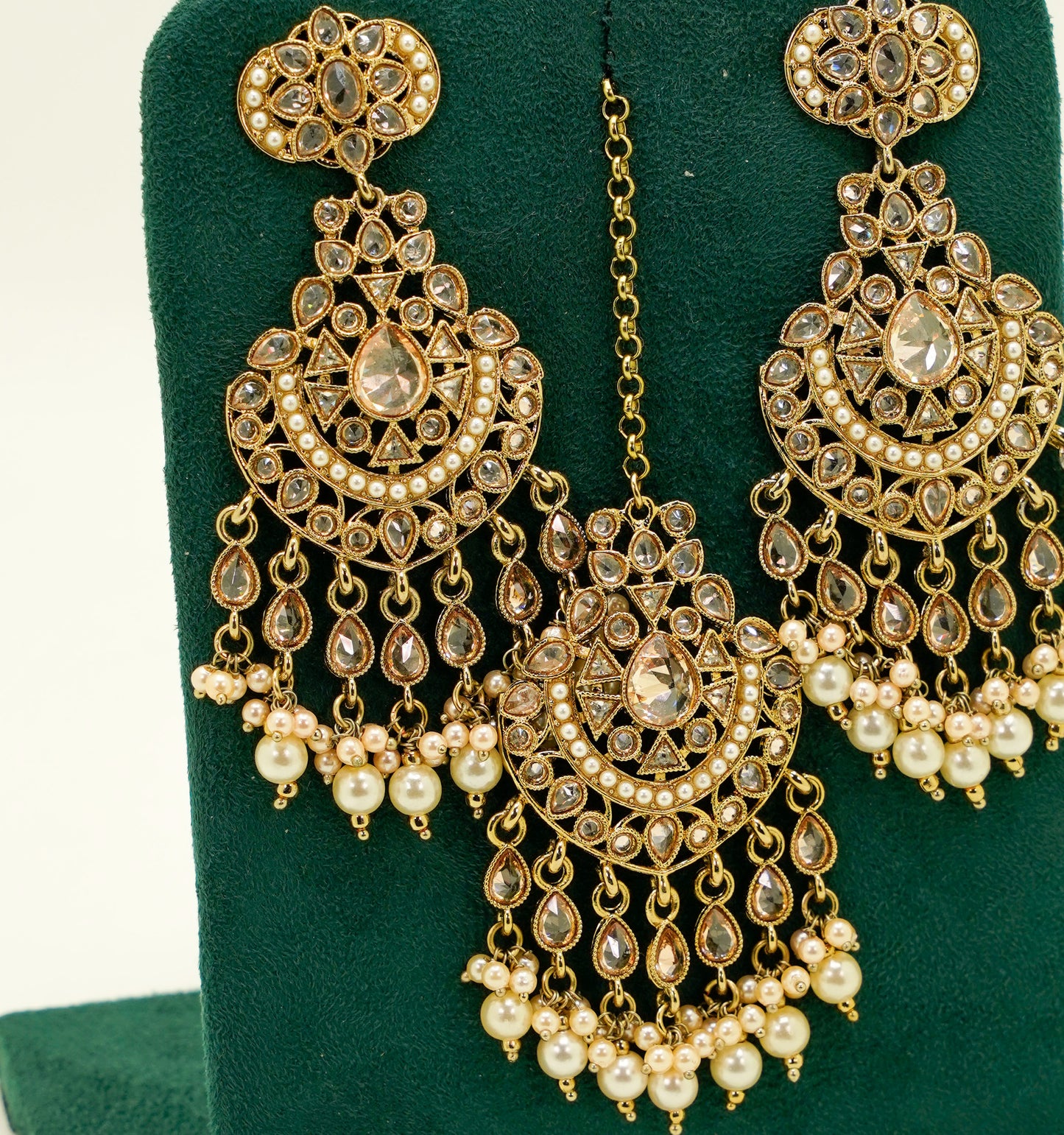 Cream Gold Jhumka Earrings & Tikka – Party Earring Set For Any Event