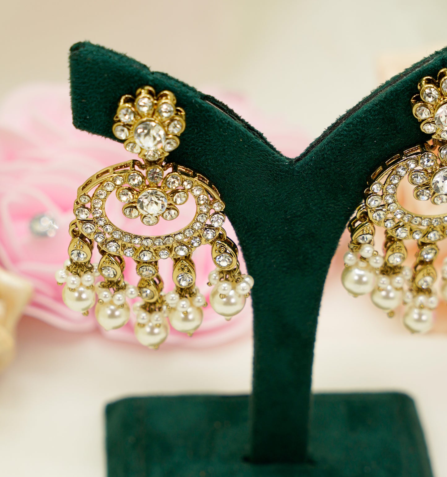 Gold Earrings with Cream Beads – Party Earrings Set