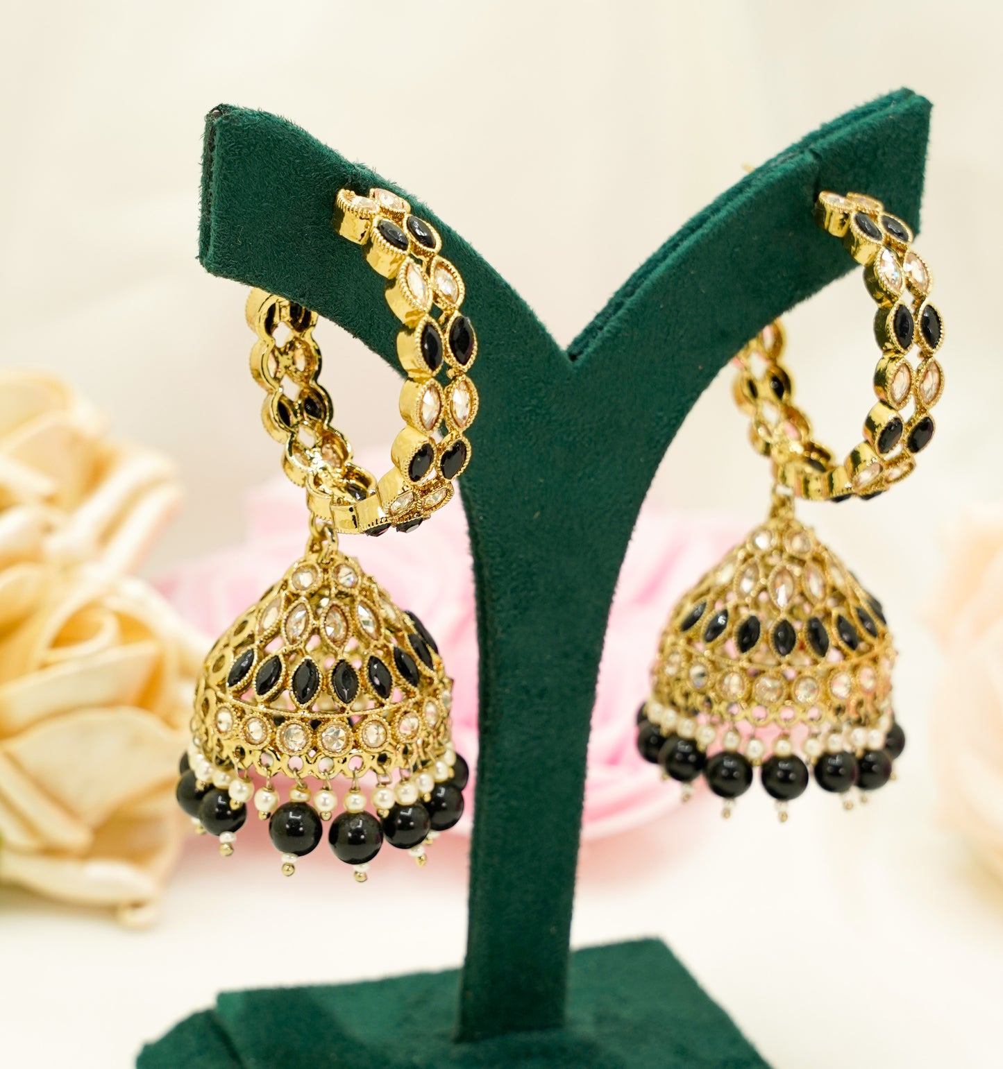 Black Gold Jhumka Earrings Set – Modest Earring Jewellery for Any Festival