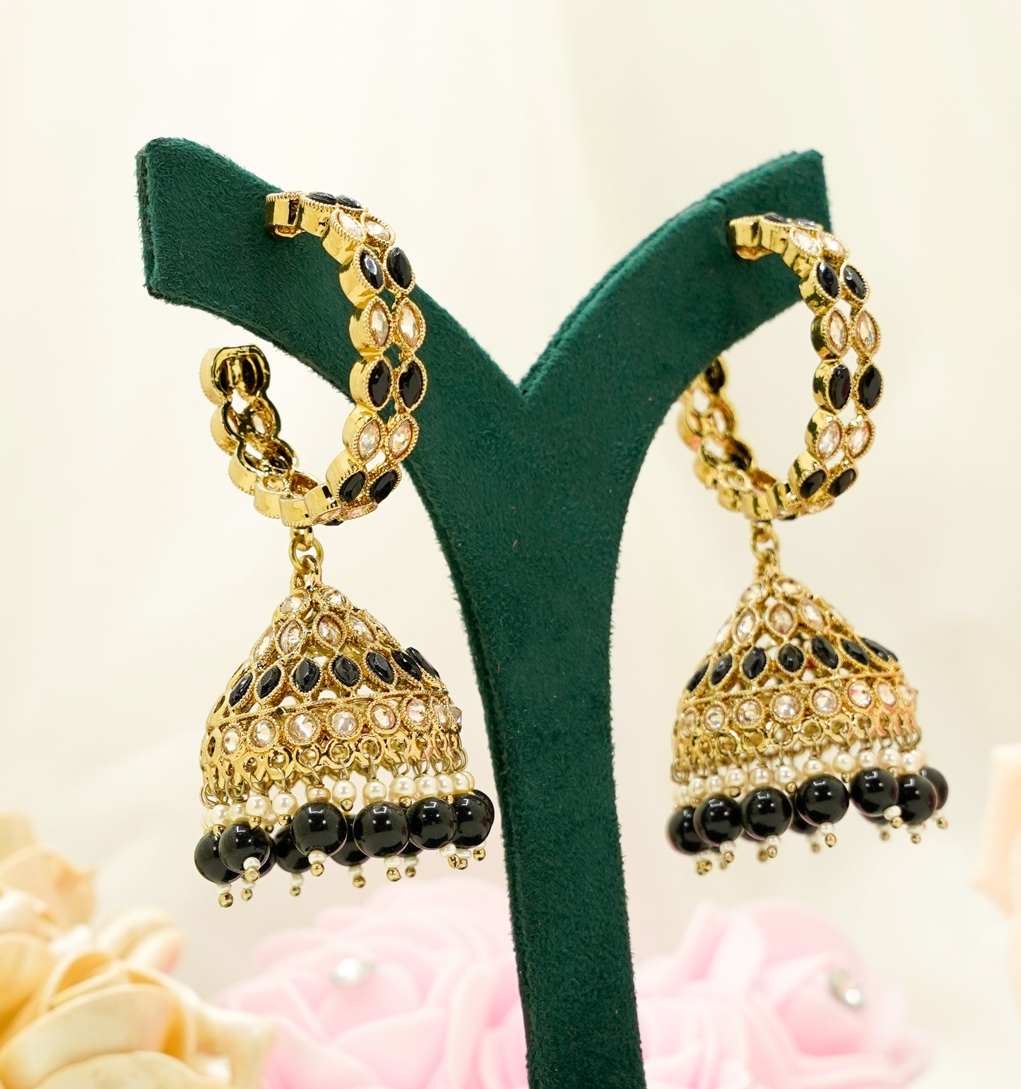 Black Gold Jhumka Earrings Set – Modest Earring Jewellery for Any Festival