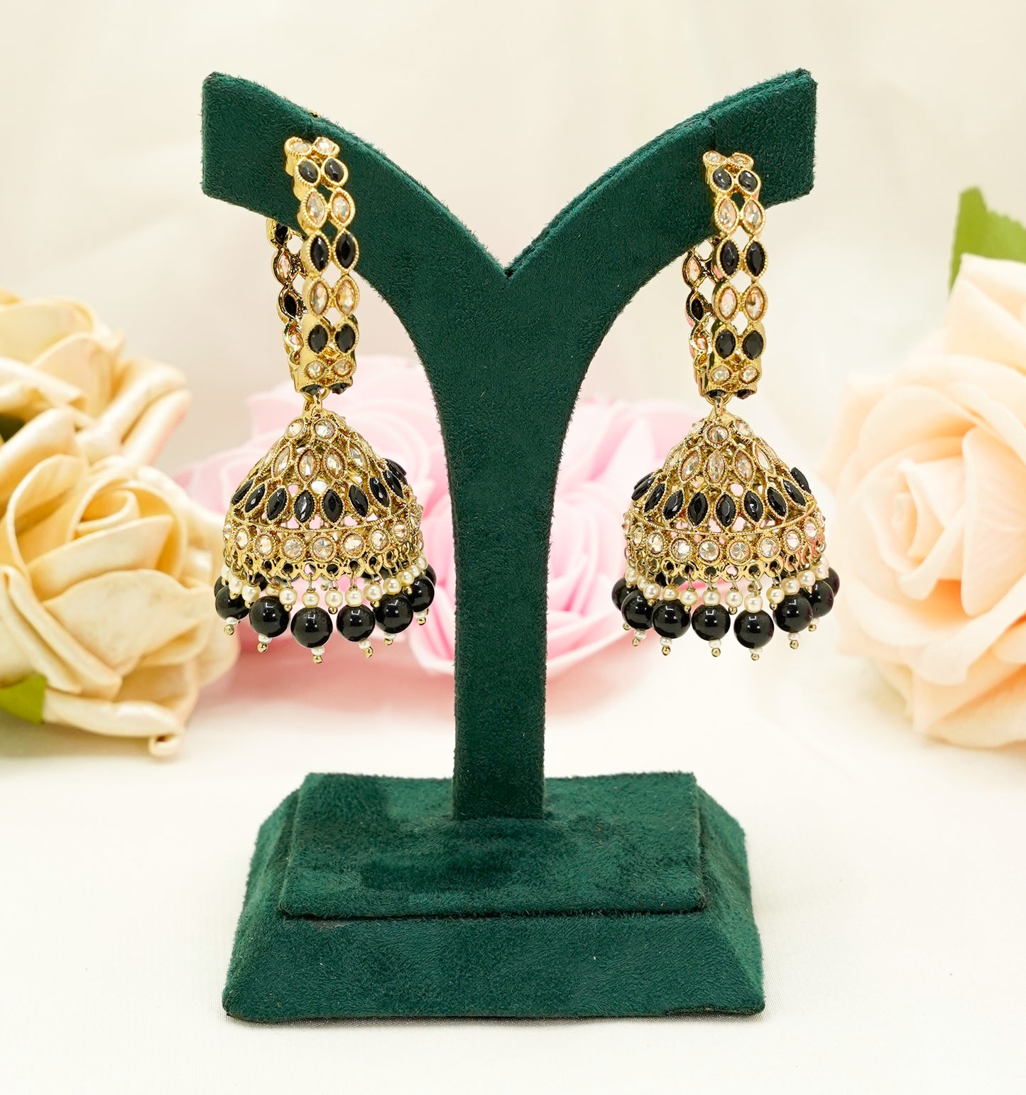 Black Gold Jhumka Earrings Set – Modest Earring Jewellery for Any Festival