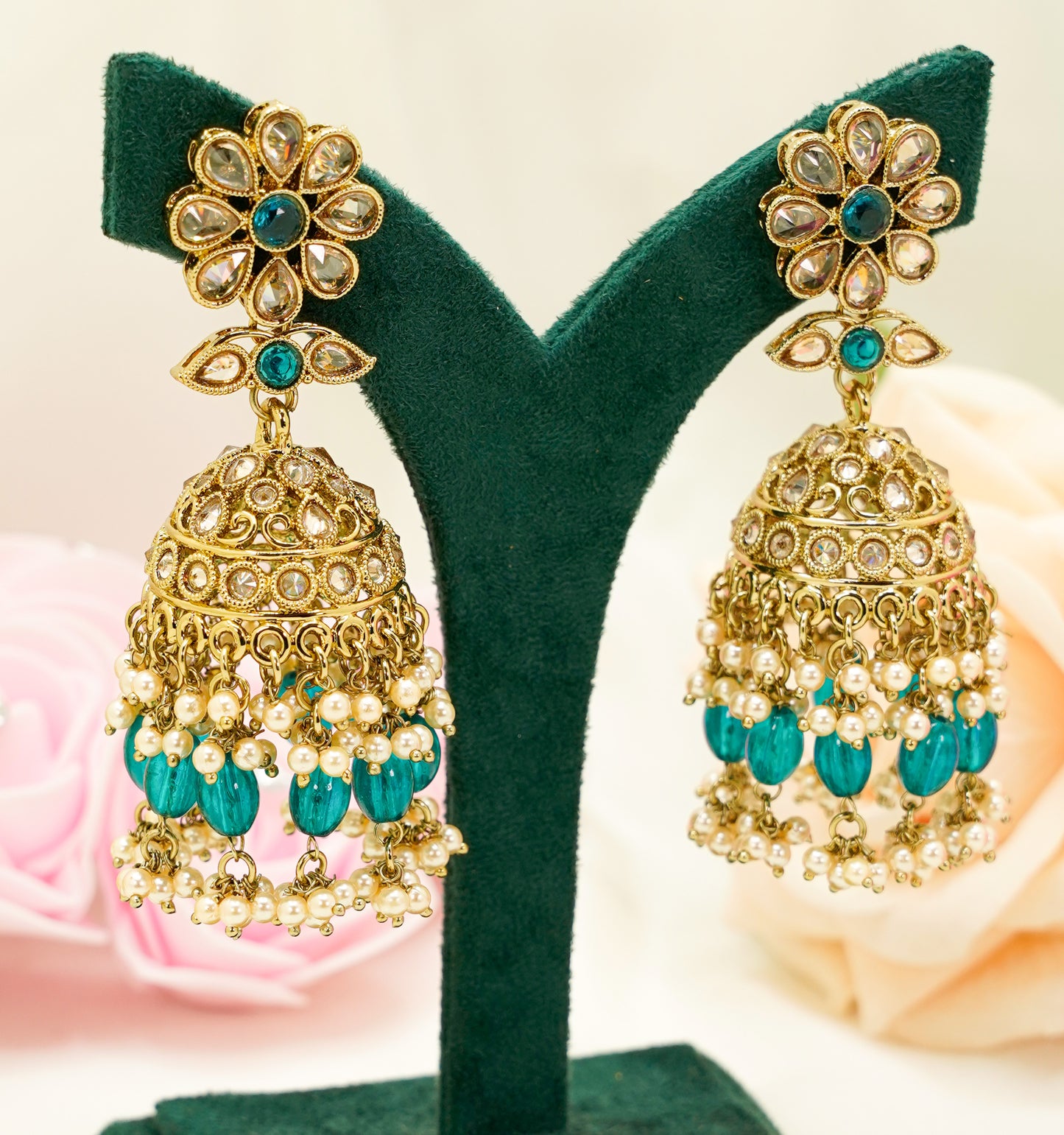 Teal Jhumka Earrings Set – Modest Earring Jewellery for Any Celebratory Event