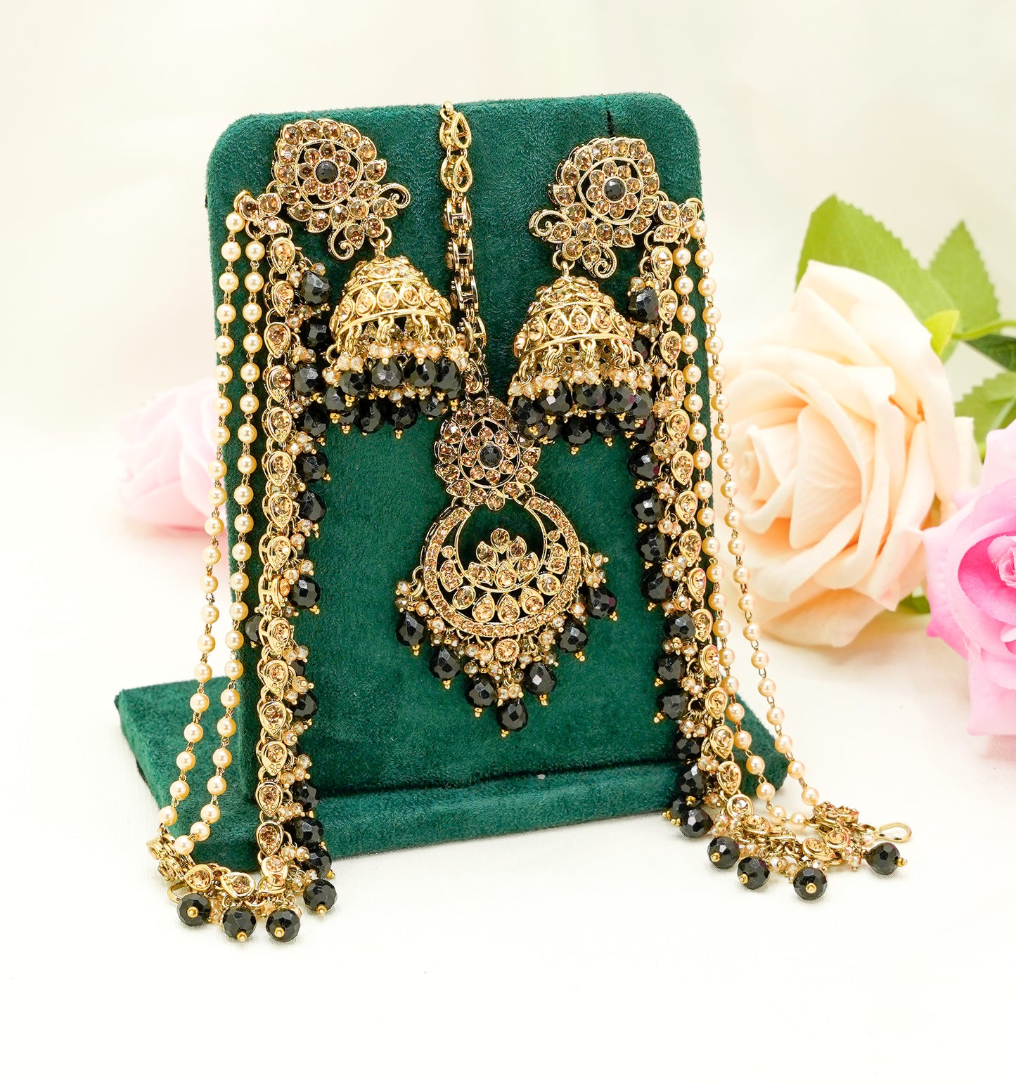 Tikka & Jhumka Earrings with Strings – Modest Earring for Any Celebratory Event