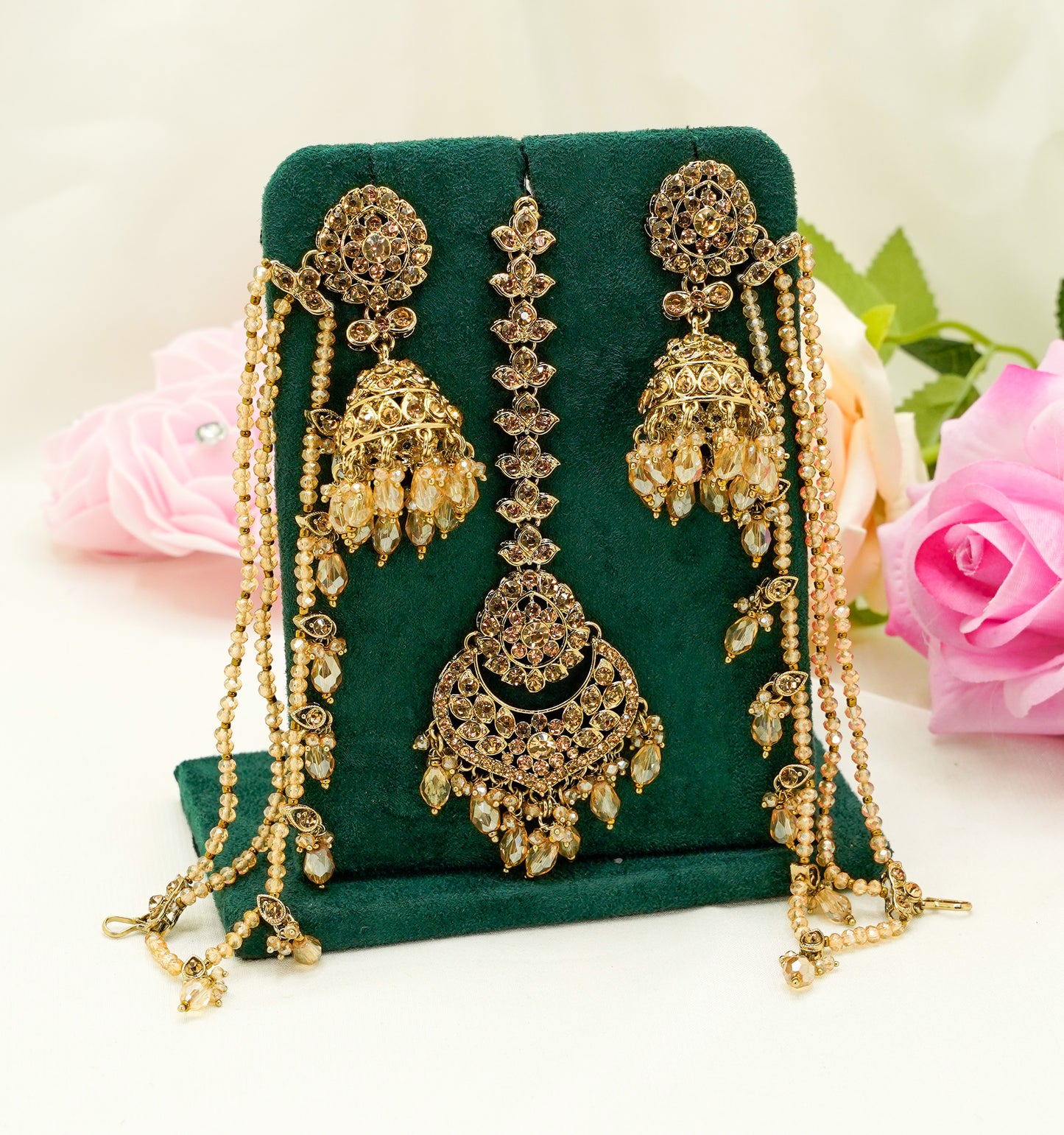 Tikka & Jhumka Earrings with Strings – Modest Earring for Any Celebratory Event