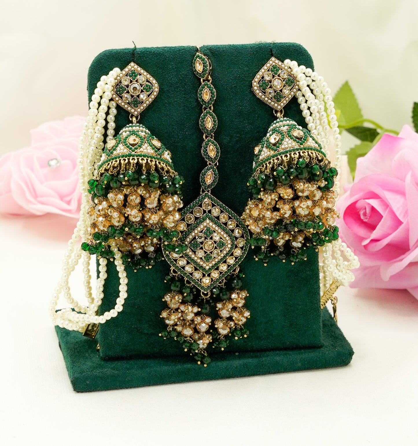 Tikka & Jhumka Earrings with Strings – Modest Earring for Any Celebratory Event