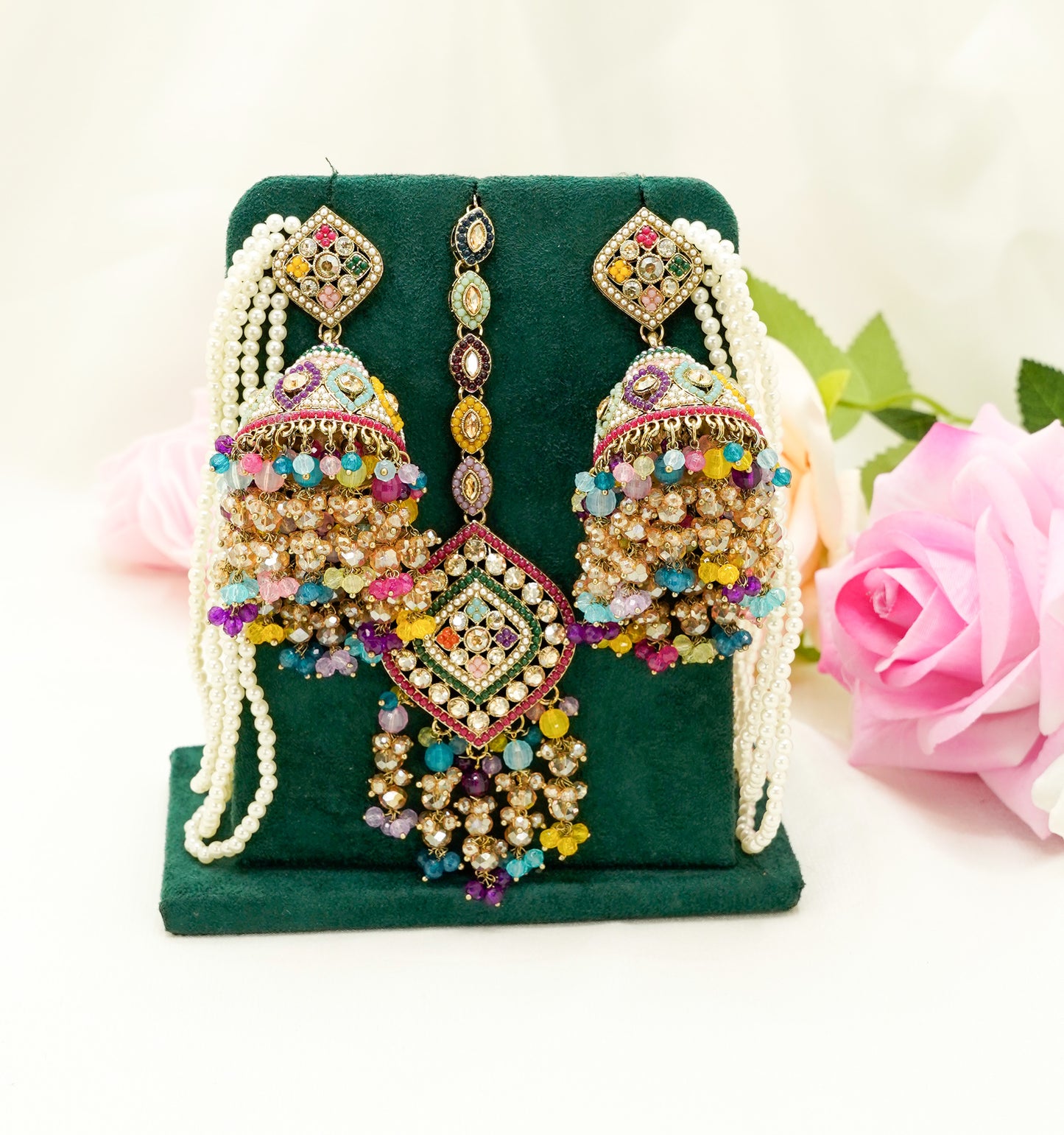 Tikka & Jhumka Earrings with Strings – Modest Earring for Any Celebratory Event