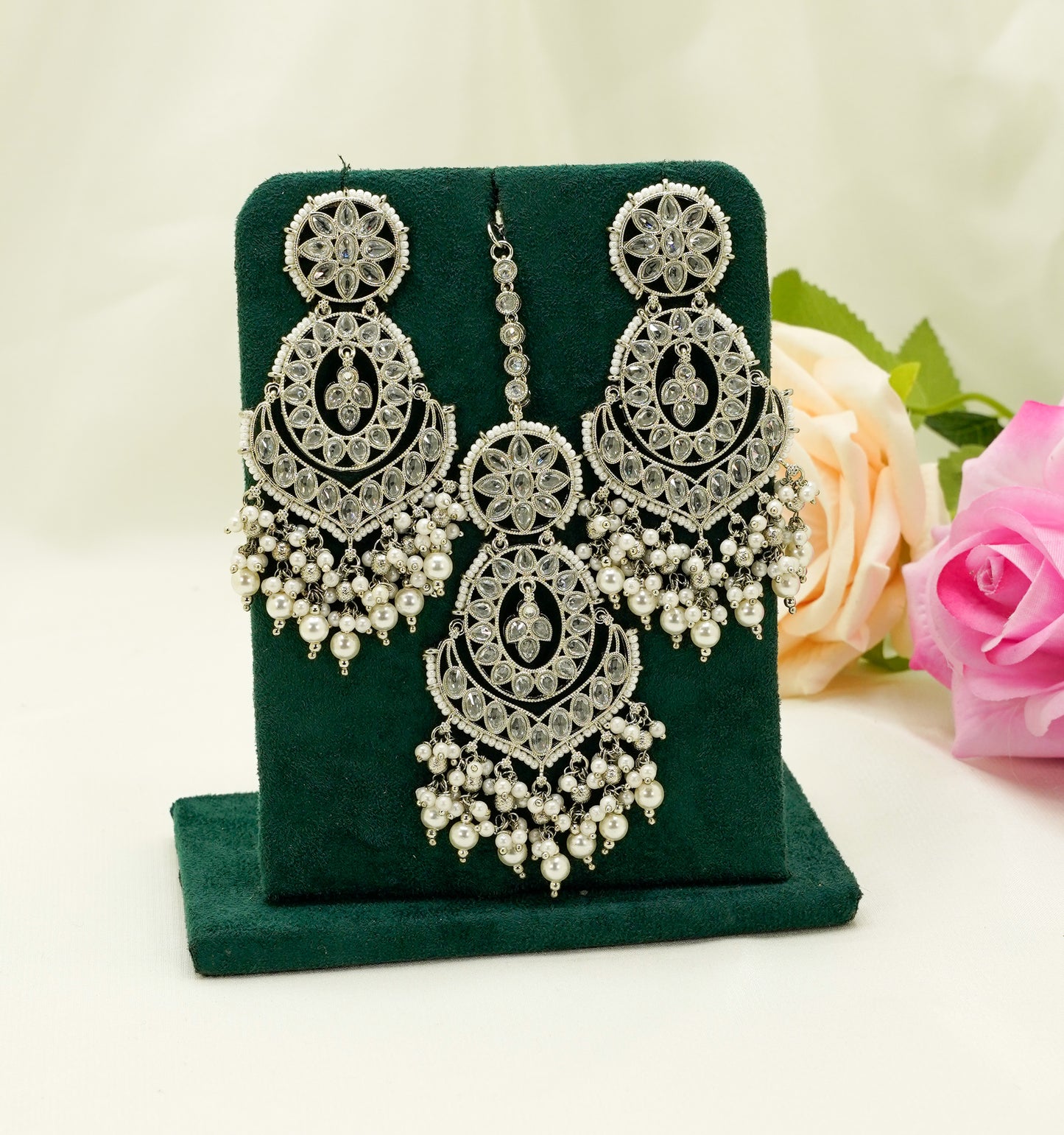 Jhumka Earrings with Pearls & Tikka – Modest Earring for Any Celebratory Event