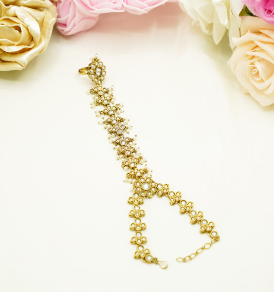 Traditional Bridal Hand Harness – Gold Pearl Haathphool with Finger Ring for Weddings & Mehndi