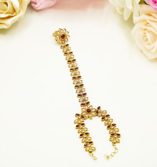 Bridal Hand Harness – Gold & Red Stone Haathphool with Floral Design for Mehndi, Nikah & Festive Wear