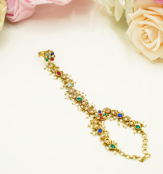 Multicolour Bridal Hand Harness – Pearl & Stone Haathphool for Mehndi, Nikah & Cultural Celebrations