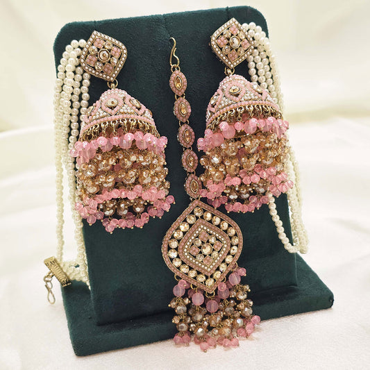 Blush Pink Bridal Jhumka Earrings with Pearl Strings – Modest Islamic Wedding Wear