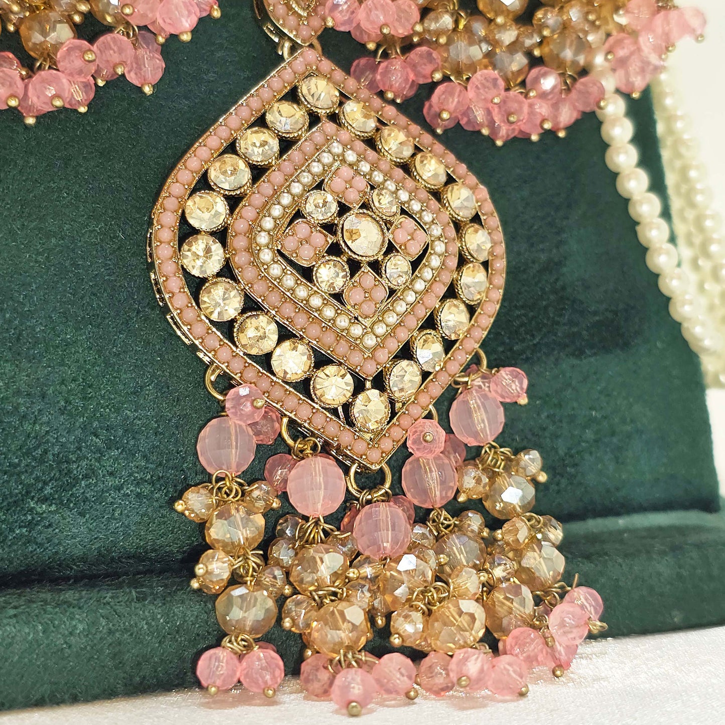 Blush Pink Bridal Jhumka Earrings with Pearl Strings – Modest Islamic Wedding Wear