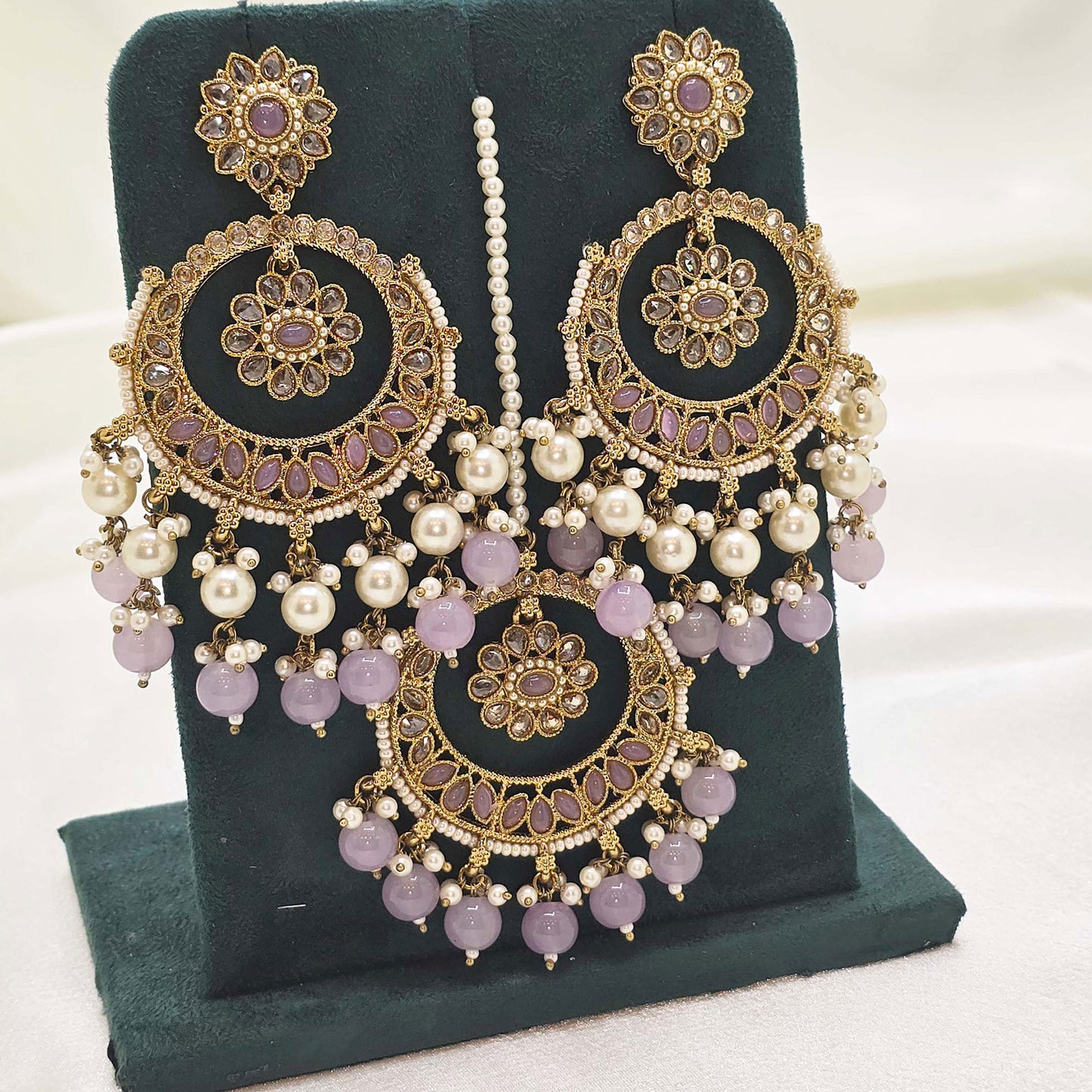 Round Lavender Jhumka Earrings with Pearls & Tikka – Modest Bridal Jewellery Set for Nikah or Walima