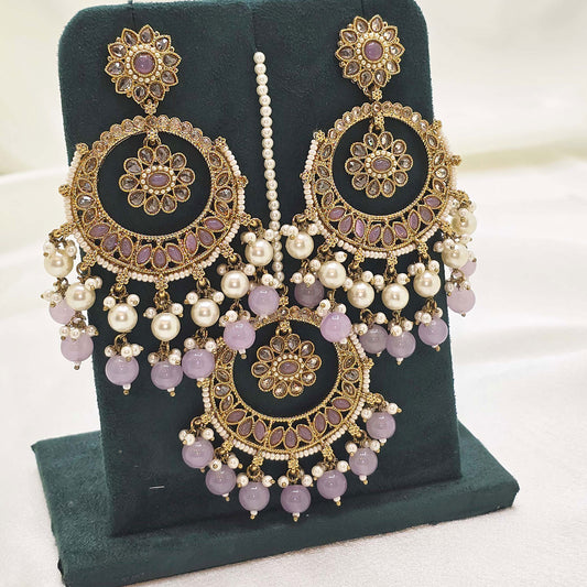 Round Lavender Jhumka Earrings with Pearls & Tikka – Modest Bridal Jewellery Set for Nikah or Walima
