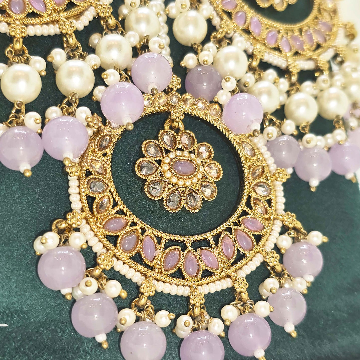 Round Lavender Jhumka Earrings with Pearls & Tikka – Modest Bridal Jewellery Set for Nikah or Walima