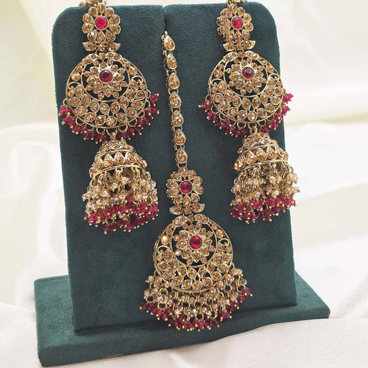 Gold & Ruby Red Jhumka Earrings with Tikka – Modest  Bridal Set for Nikah or Walima