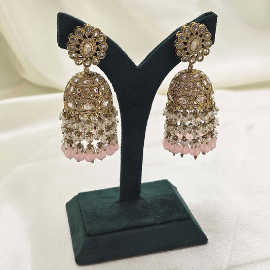 Soft Pink Stone Bridal Jhumka Earrings – Modest  Wedding Wear for Nikah or Walima