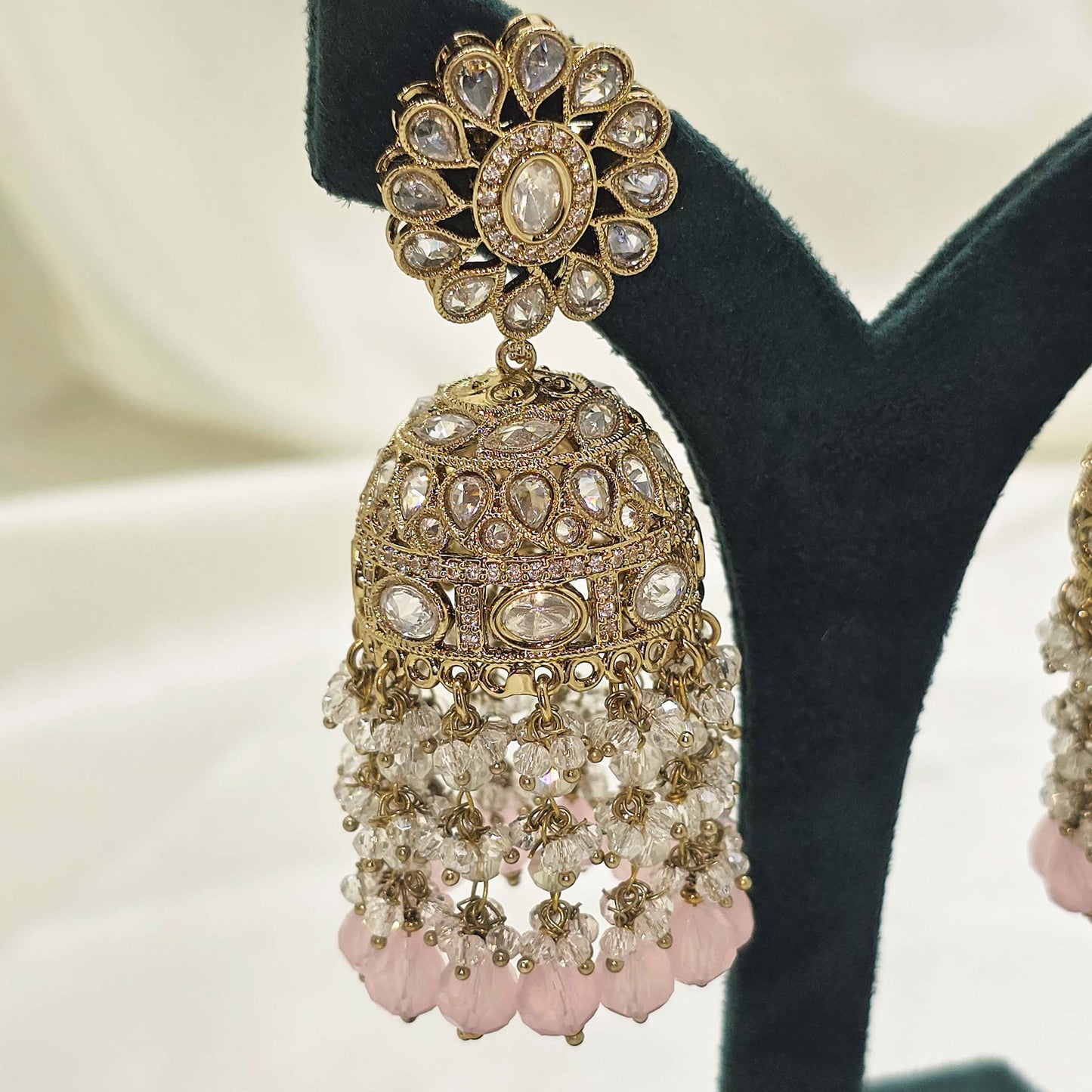 Soft Pink Stone Bridal Jhumka Earrings – Modest  Wedding Wear for Nikah or Walima