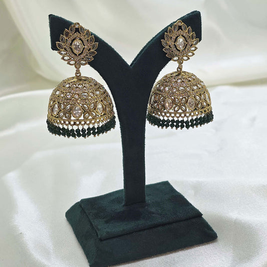 Classic Gold Dome Jhumka Earrings with Black Beads – Modest Bridal Jewellery for Nikah or Walima