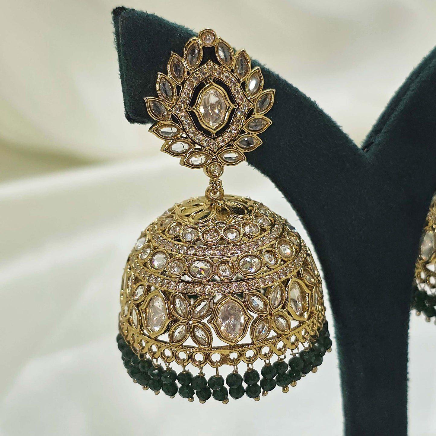 Classic Gold Dome Jhumka Earrings with Black Beads – Modest Bridal Jewellery for Nikah or Walima