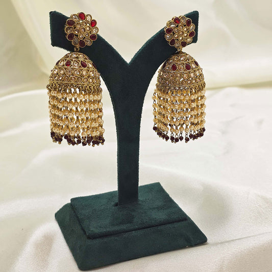 Gold Pearl Chain Jhumka Earrings with Red Accents – Modest Bridal Jewellery for Nikah or Walima