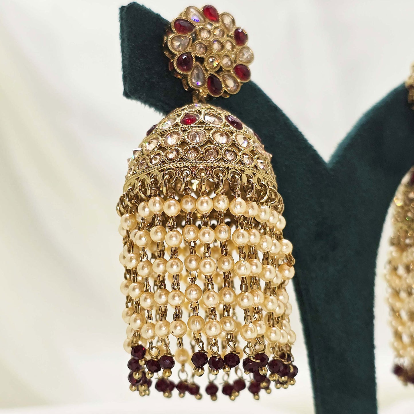 Gold Pearl Chain Jhumka Earrings with Red Accents – Modest Bridal Jewellery for Nikah or Walima
