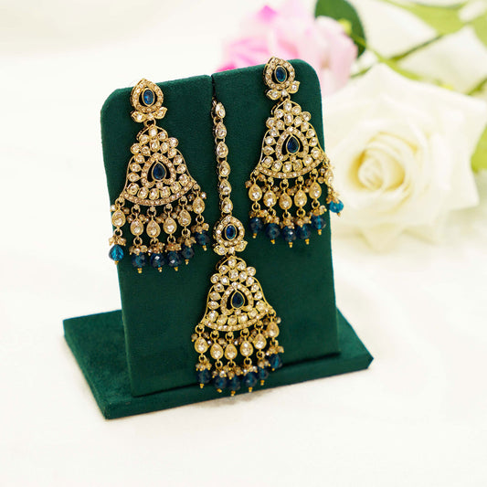 Gold and Blue Crystal Jhumka Set – Traditional Earrings with Matching Tikka