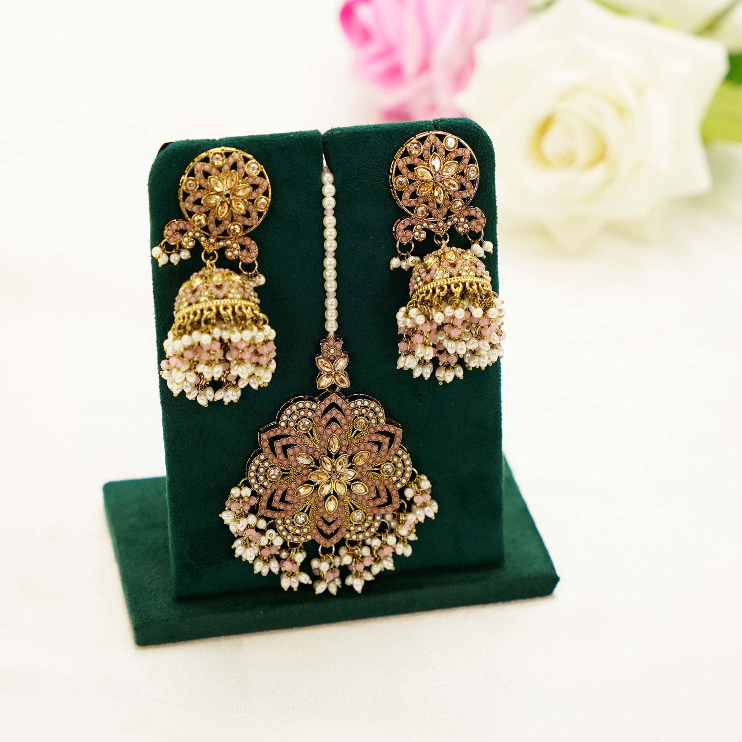 Pink & Gold Floral Jhumka Set – Pearl Drop Earrings with Oversized Tikka