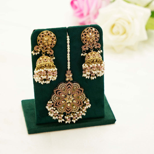 Pink & Gold Floral Jhumka Set – Pearl Drop Earrings with Oversized Tikka