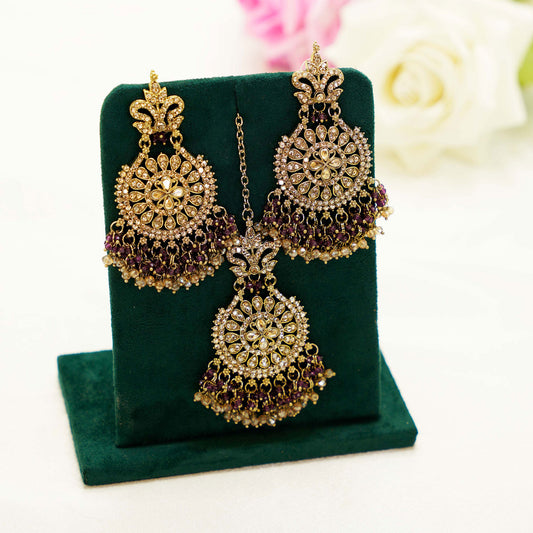 Gold & Purple Jhumka Earrings Set – Crystal Bridal Earrings with Matching Tikka