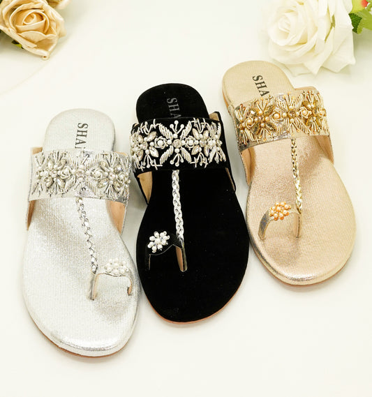 Slide Sandals – Floral Embroidery & Pearl Accents Sandals - KL4031
