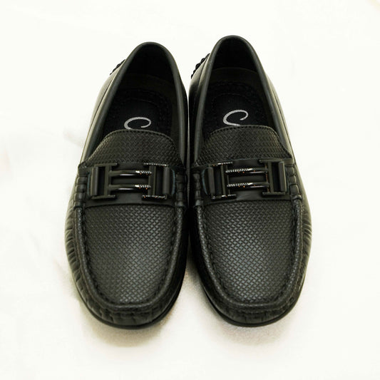 SHAHZ Kids Shoes-02 Black – Boys’ Slip-On Loafers with Textured Finish & Buckle Detail