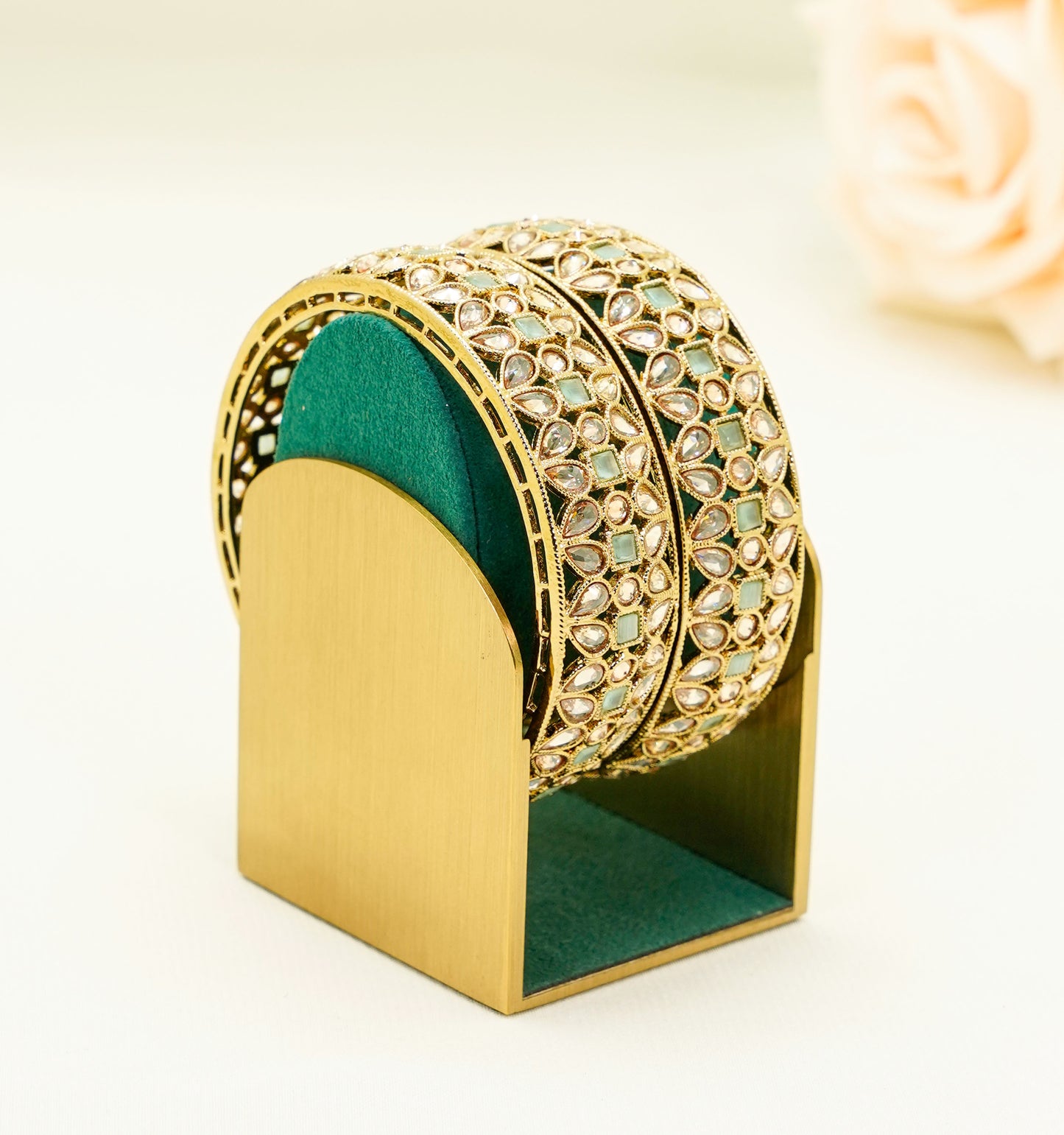 Gold Bridal Bangles with Mint Green Stones – Elegant Partywear Bangle Set - Kundan Bangles