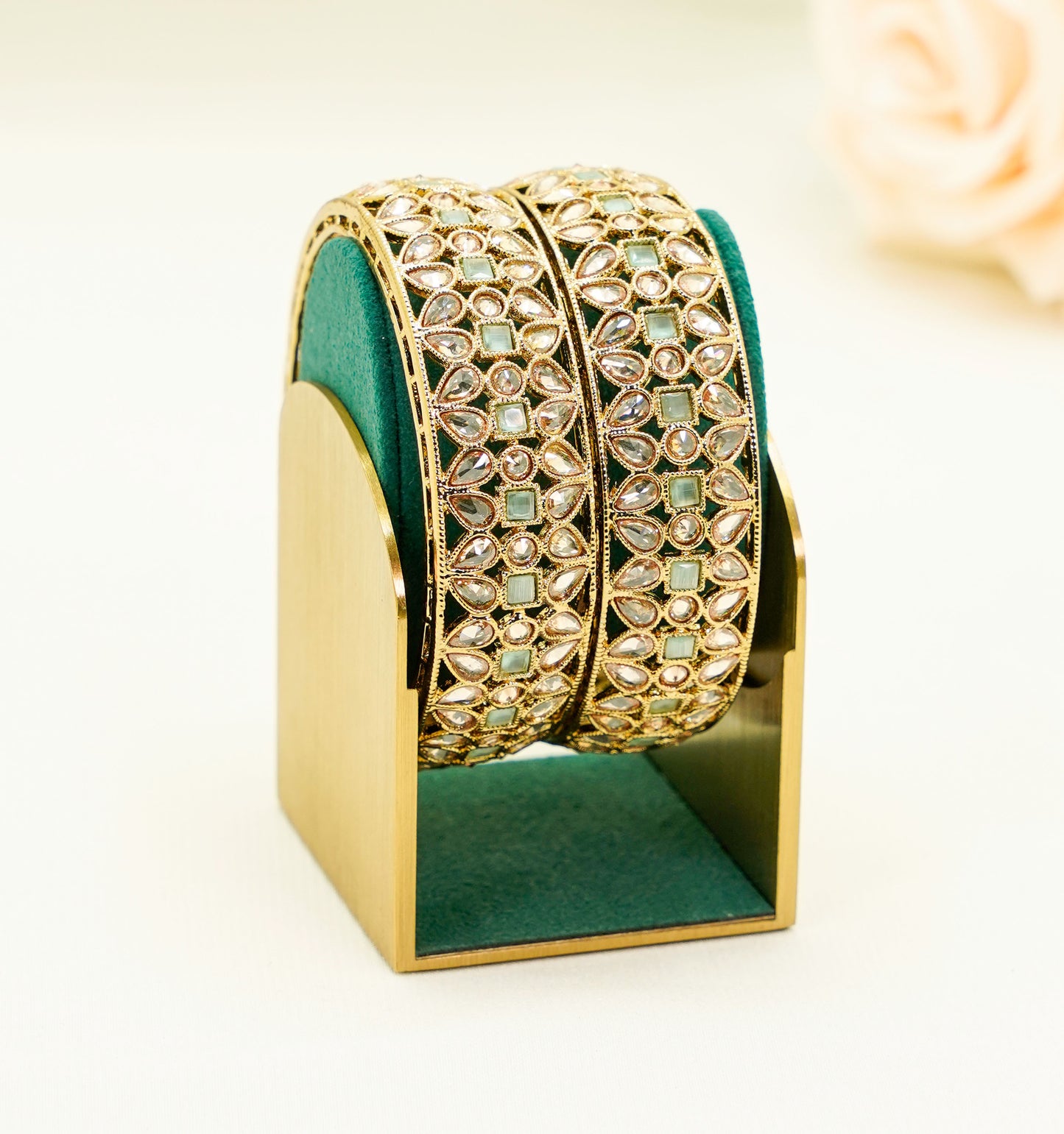 Gold Bridal Bangles with Mint Green Stones – Elegant Partywear Bangle Set - Kundan Bangles