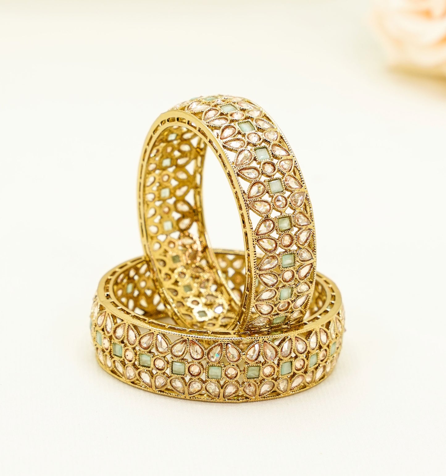 Gold Bridal Bangles with Mint Green Stones – Elegant Partywear Bangle Set - Kundan Bangles