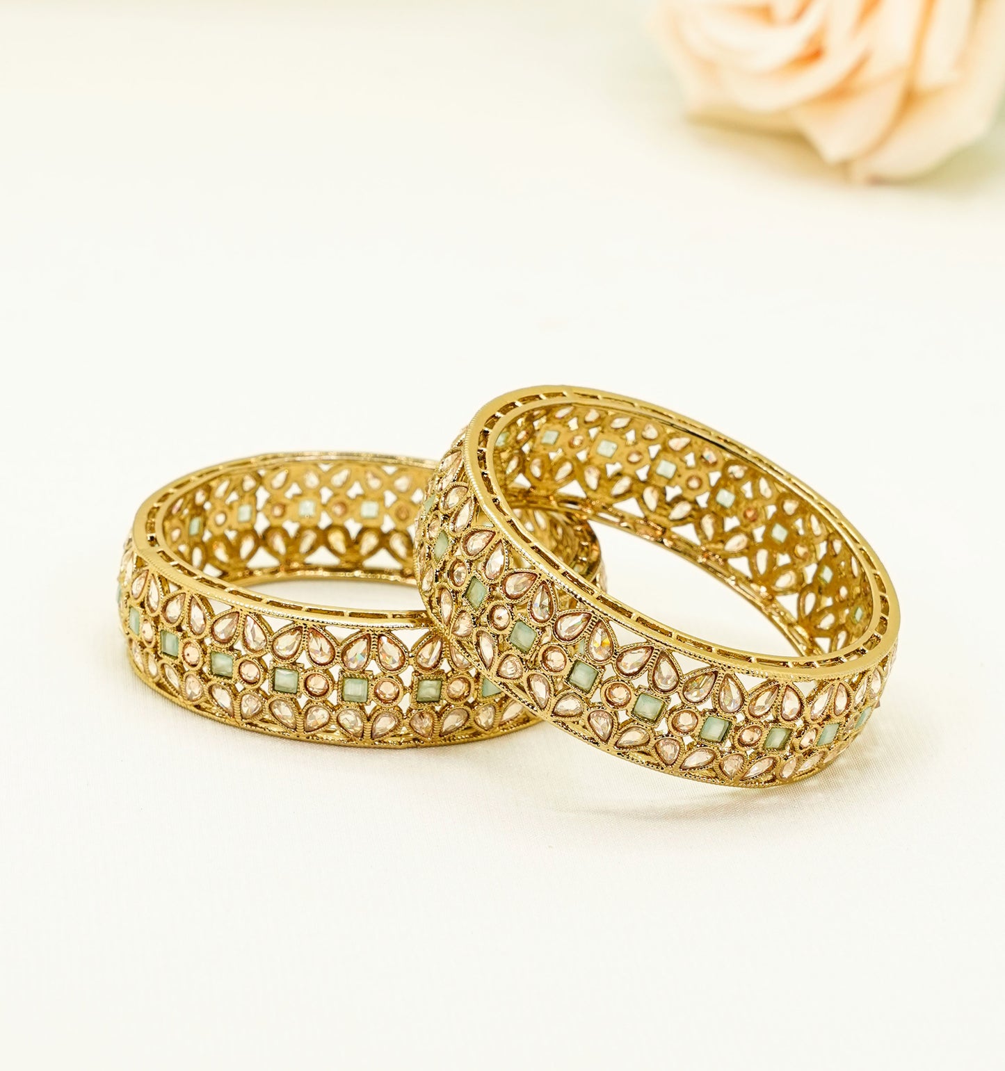 Gold Bridal Bangles with Mint Green Stones – Elegant Partywear Bangle Set - Kundan Bangles