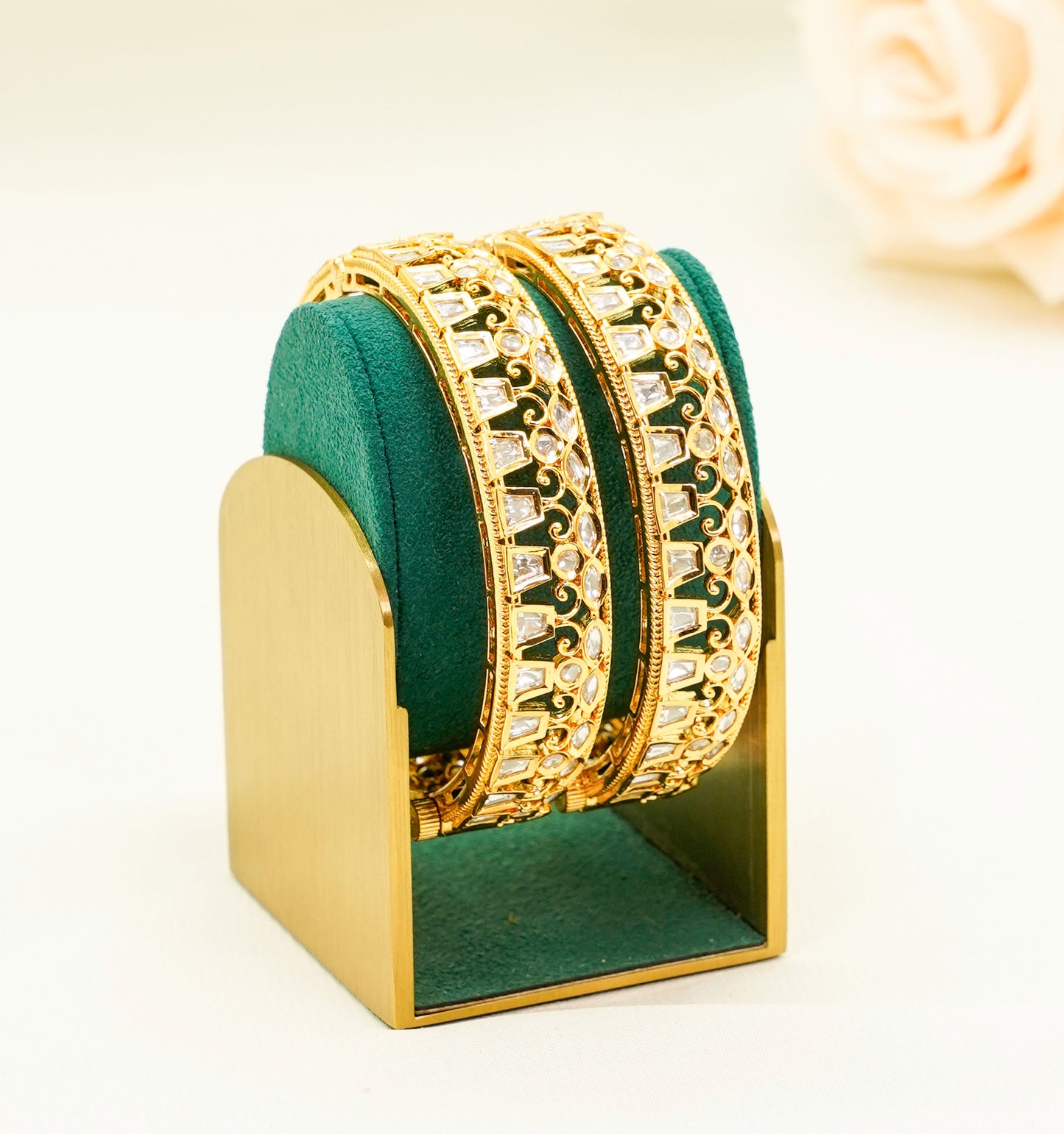 Square-Cut Gold Plated Kundan Bangles – Traditional Kundan – Elegant Partywear Bangle Set