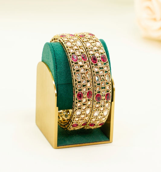 Gold Bridal Bangles with Ruby Stones – Elegant Partywear Bangle Set - Kundan Bangles