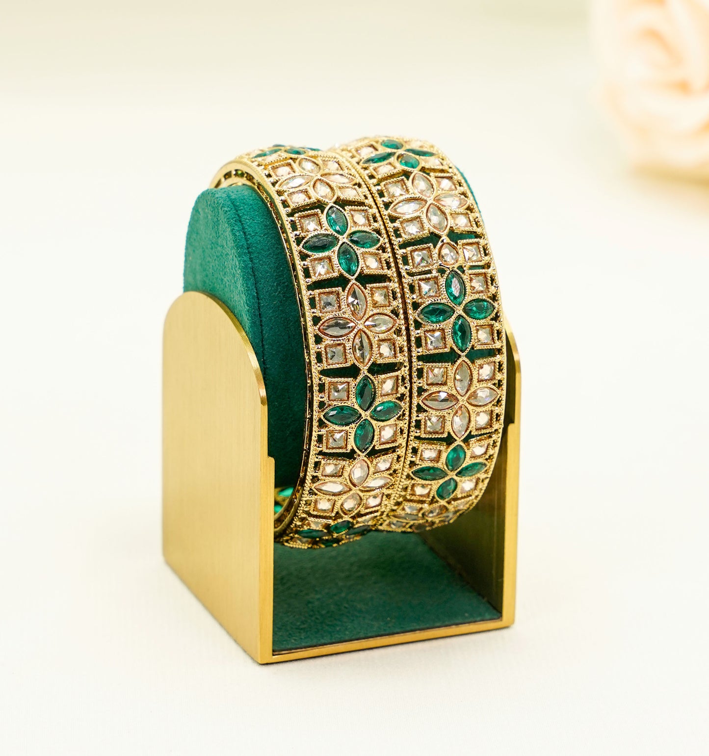 Gold Bridal Bangles with Green Stones – Traditional Kundan – Elegant Partywear Bangle Set