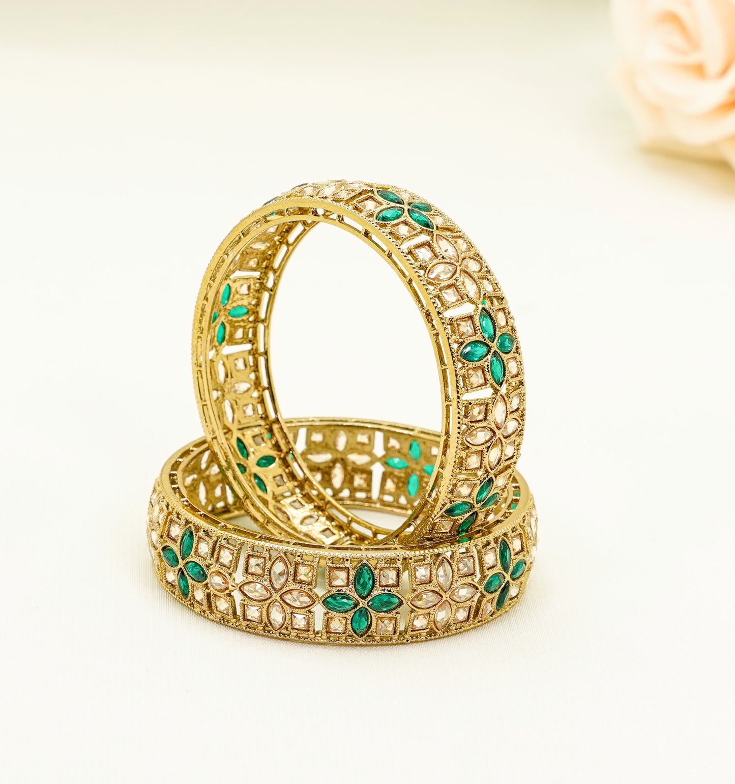 Gold Bridal Bangles with Green Stones – Traditional Kundan – Elegant Partywear Bangle Set