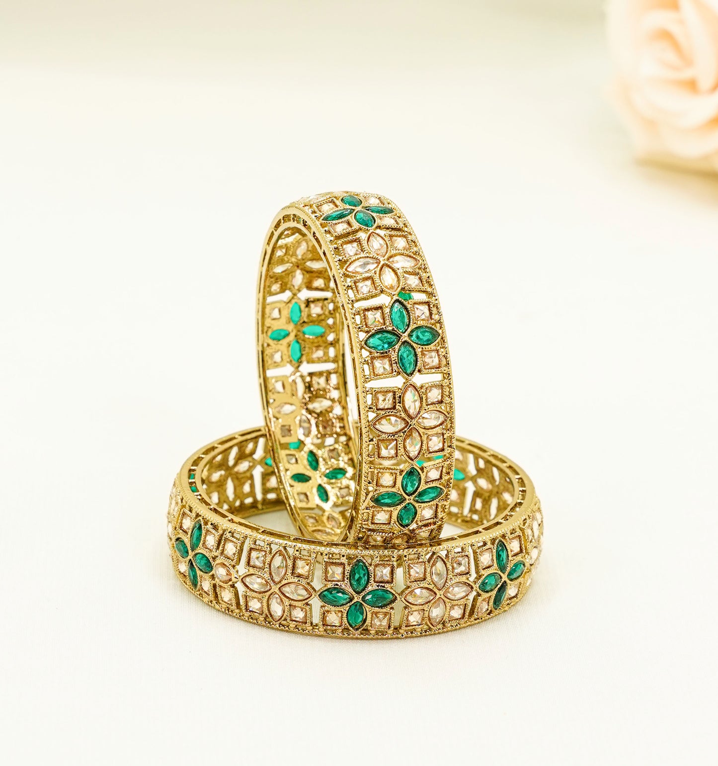 Gold Bridal Bangles with Green Stones – Traditional Kundan – Elegant Partywear Bangle Set