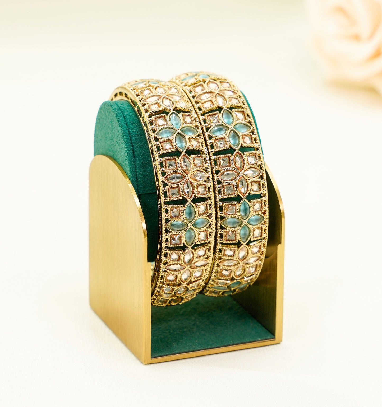 Gold Bridal Bangles with Aqua Blue Stones – Traditional Kundan – Elegant Partywear Bangle Set