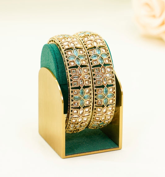 Gold Bridal Bangles with Aqua Blue Stones – Traditional Kundan – Elegant Partywear Bangle Set
