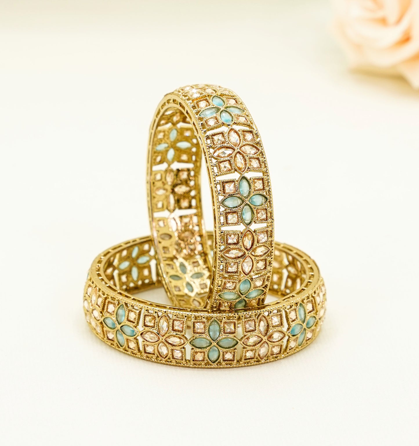 Gold Bridal Bangles with Aqua Blue Stones – Traditional Kundan – Elegant Partywear Bangle Set