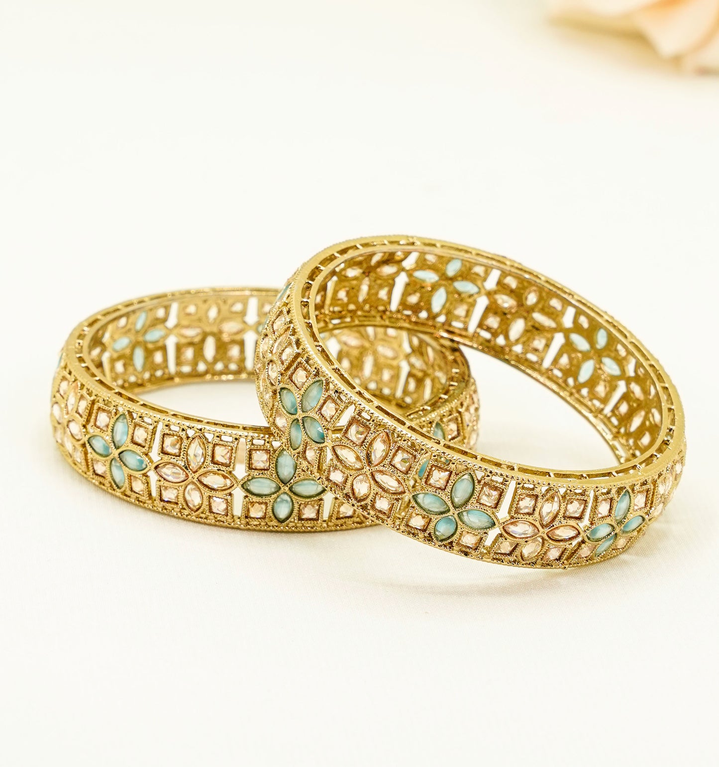 Gold Bridal Bangles with Aqua Blue Stones – Traditional Kundan – Elegant Partywear Bangle Set