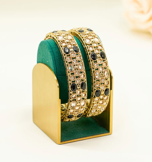 Gold Bridal Bangles with Black Stones – Elegant Partywear Bangle Set - Kundan Bangles