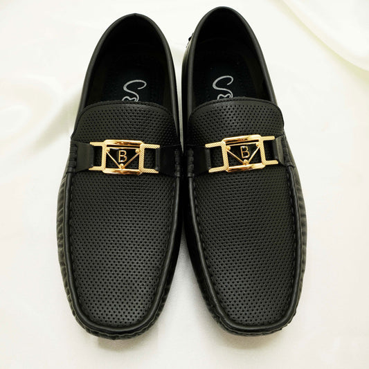 Men’s Textured Slip-On Loafers – Gold ‘B’ Buckle Dress Shoes for Weddings, Events & Casual Wear