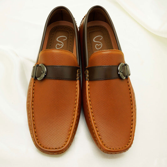 Men’s Brown Tan Loafers – Dual-Tone Slip-On Shoes with Round Gunmetal Buckle