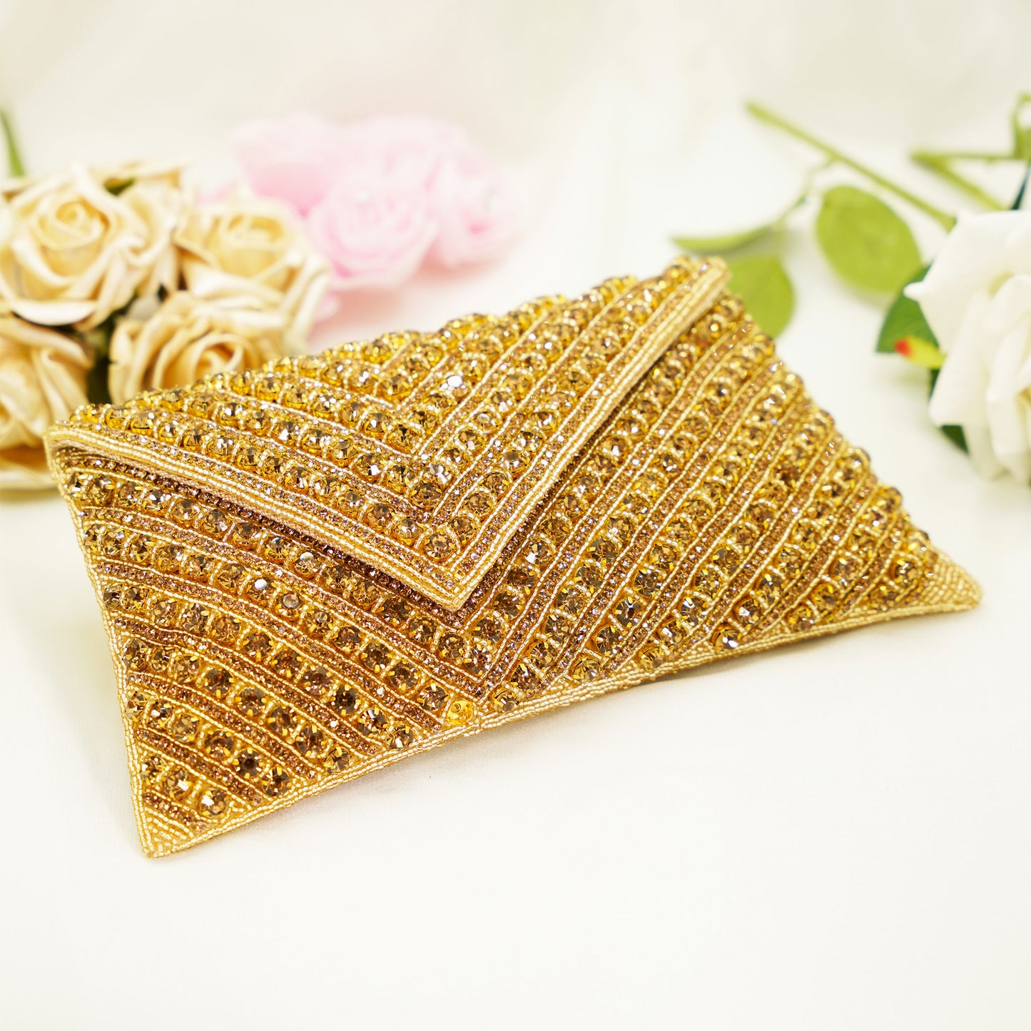 Golden Crystal Beaded Party Clutch – Envelope Style